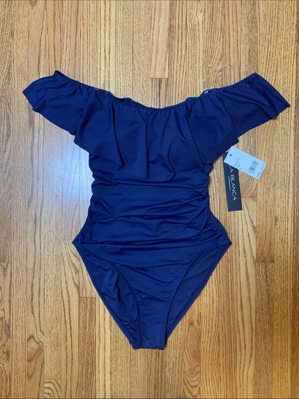 La Blanca swimsuit - navy indigo off the shoulder ruffle one piece bathing suit